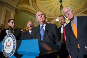 Senate Majority Leader Mitch McConnell of Ky., center, joined by, from second for left are, Sen. Roger Wicker, R-Miss.,  Sen. John Thune, R-S.D., and Senate Majority Whip John Cornyn of Texas, speaks with reporters on Capitol Hill in Washington, Tuesday, Feb. 23, 2016,  following a closed-door policy meeting. Senate Republicans, most vocally McConnell, are facing a high-stakes political showdown with President Barack Obama sparked by the recent death of Supreme Court Justice Antonin Scalia. Republicans controlling the Senate  which must confirm any Obama appointee before the individual is seated on the court  say that the decision is too important to be determined by a lame-duck president. (AP Photo/J. Scott Applewhite)
