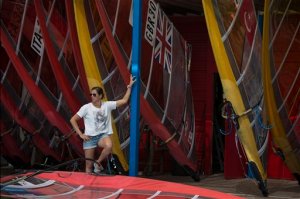 Marina Alabau, a Spanish windsurfer and a gold medalist at London Olympics, stands by her surf borads in Eliat, Israel, Friday, Feb. 19, 2016 as she prepares for the RS:X World Championship. Alabau said she got Zika while training in Brazil in December, making her possibly the first Olympic athlete to come down with a virus that the World Health Organization has deemed an "international health emergency." (AP Photo/Tsafrir Abayov)