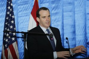 FILE -- In this Dec. 9, 2015 file photo, President Barack Obama's envoy to the U.S.-led coalition against the Islamic State, Brett McGurk speaks to reporters during a news conference at the U.S. Embassy in the heavily fortified Green Zone in Baghdad, Iraq. McGurk said he visited northern Syria over the weekend to review the ongoing fight against the extremist group, marking the first visit by a senior administration official to Syria since the beginning of the U.S.-led campaign against IS in August 2014. (Thaier Al-Sudani /Pool File Photo via AP)