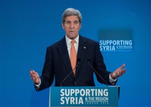 FILE - In this Feb. 4, 2016 file-pool photo, Secretary of State John Kerry at a conference entitled 'Supporting Syria & The Region,'  in London. As Kerry heads to Munich, Wednesday, Feb. 10, 2016,  in search of compromises that could yield a truce and revive peace talks that were suspended before they really started, the administration is being pressed by all sides to clarify its strategy.  (Nicholas Kamm/Pool Photo via AP, File)