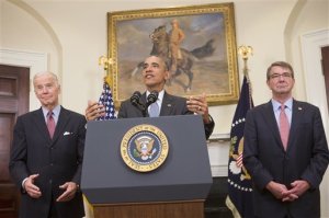 Vice President Joe Biden reacts to comments made by President Barack Obama, accompanied by Defense Secretary Ash Carter, in the Roosevelt Room of the White House in Washington, Tuesday, Feb. 23, 2016. Obama announced Pentagon's long-awaited plan to shut down the detention center at Guantanamo Bay, Cuba, and transfer the remaining detainees to a facility in the U.S. The plan is Obama's last-ditch effort to make good on campaign vow to close Guantanamo. (AP Photo/Pablo Martinez Monsivais)
