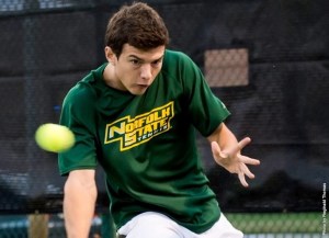 Sophomore Antonio Pejic claimed Norfolk State's only win in the match during a 6-1 loss to Liberty on Saturday, Feb 13 evening in a men's tennis matchup at the Sports Racket. Photo from NSUSpartans.com.