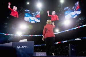 Democratic presidential candidate Hillary Clinton waves as she arrives to speak at the 2016 American Israel Public Affairs Committee (AIPAC) Policy Conference, March 21, 2016, at the Verizon Center in Washington. (AP Photo/Andrew Harnik)