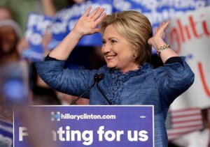 Democratic presidential candidate Hillary Clinton acknowledges the crowd during an election night event at the Palm Beach County Convention Center in West Palm Beach, Fla., Tuesday, March 15, 2016. (AP Photo/Lynne Sladky)