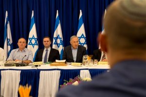 Israeli Prime Minister Benjamin Netanyahu chairs the weekly cabinet meeting in the Israeli controlled Golan Heights, Sunday, April 17, 2016. Israeli Prime Minister Israeli Prime Minister Benjamin Netanyahu said Sunday his country will never withdraw from the war won Golan Heights and the strategic plateau bordering Syria will forever stay in Israeli hands. (AP Photo/Sebastian Scheiner, Pool)