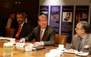 U.S. Defense Secretary Ash Carter, center, speaks at Innovation Roundtable organized by Federation of Indian Chambers of Commerce and Industry, in New Delhi, India, Tuesday, April 12, 2016. (AP Photo/Altaf Qadri)