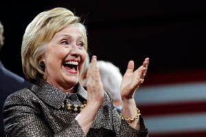 Democratic presidential candidate Hillary Clinton smiles at her presidential primary election night rally, Tuesday, April 26, 2016, in Philadelphia. (AP Photo/Matt Rourke)