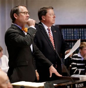 Sen. Bo Watson, R-Hixson, left, debates his de-annexation bill during a session of the Tennessee Senate Monday, March 21, 2016, in Nashville, Tenn. At right is Sen. Mark Norris, R-Collierville. The Senate voted to send the bill back to committee for review, delaying a Senate floor vote at least until Thursday. (AP Photo/Mark Humphrey)