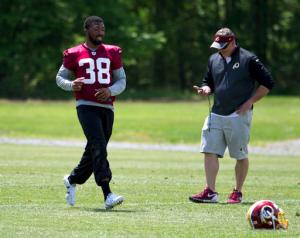 Washington Redskins cornerback Kendall Fuller, 38, works out during NFL football rookie minicamp Saturday, May 14, 2016, in Ashburn, Va. ( AP Photo/Jose Luis Magana)