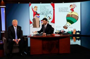In this photo provided by ABC, Republican presidential candidate, Donald Trump, left, talks with host Jimmy Kimmel on the ABC television show, "Jimmy Kimmel Live!, on Wednesday, May 25, 2016, in Los Angeles. Trump made an appearance as a guest, along with musical guest Greg Porter on the late night show, which airs every weeknight at 11:35 p.m. EST. (Randy Holmes/ABC via AP)