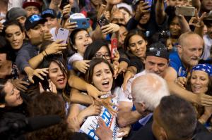 Democratic presidential candidate Sen. Bernie Sanders, I-Vt., greets supporters after speaking at a rally on Tuesday, May 17, 2016, in Carson, Calif. (AP Photo/Jae C. Hong)