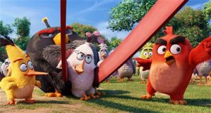 This image released by Sony Pictures shows the characters Chuck, voiced by Josh Gad, from left, Bomb, voiced by Danny McBride, Matilda, voiced by Maya Rudolph and Red, voiced by Jason Sudeikis, in a scene from "The Angry Birds Movie." (Sony Pictures via AP)