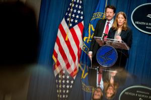 Health and Human Services Secretary Sylvia Burwell, right, accompanied by Food and Drug Administration (FDA) Commissioner Dr. Robert Califf, speaks at a news conference at the Hubert H. Humphrey Building in Washington, Thursday, May 5, 2016, to announce new regulation extending the FDA's authority to all tobacco products including e-cigarettes. (AP Photo/Andrew Harnik)