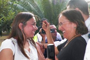 Salud Hernandez-Mora, right, correspondent in Colombia for Spain's El Mundo and columnist for the Bogota daily El Tiempo, is greeted by Melisa Gomez after Salud was freed by rebels of the National Liberation Army (ELN) in Ocana, northeastern Colombia, Friday, May 27, 2016. Gomez is the wife of Jose Cabrales Camacho, a man who was held captive by the ELN for seven months. Hernandez-Mora said she was taken captive on May 21 while working on a story about coca growers in a mountainous area dominated by rebels and drug-traffickers near the border with Venezuela. (AP Photo)