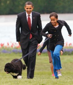 FILE - In this April 14, 2009 file photo, President Barack Obama watches as his daughter Malia walks their new dog Bo on the South Lawn of the White House in Washington. President Barack Obamas daughter Malia was just 10 and longing for a promised puppy when her family moved into the White House. Shes marked some of lifes milestones in the past seven years, and another one comes Friday: graduation from high school.  (AP Photo/Ron Edmonds, file)