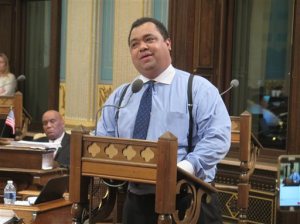 Sen. Coleman Young II, a Detroit Democrat, speaks against legislation to bail out and restructure Detroits school district in the Senate chamber on Wednesday, June 8, 2016, in Lansing, Mich. The Michigan Legislature narrowly approved a $617 million bailout and restructuring of Detroit's debt-ridden school district early Thursday, two years after the state spent money to help the city government emerge from bankruptcy. (AP Photo/David Eggert)