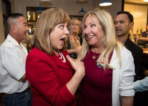 U.S. Congresswoman Loretta Sanchez greets her supporters at Anaheim Brewery as election results come in, in Anaheim, Calif., on Tuesday, June 7, 2016. California U.S. Senate candidate Kamala Harris claimed one of two spots in the November runoff Tuesday, moving the state attorney general into a potentially historic election. Harris was trailed by fellow Democrat Sanchez, a 10-term congresswoman from Orange County, who was holding steady in second place. (Ed Crisostomo/The Orange County Register via AP) MAGS OUT; LOS ANGELES TIMES OUT; MANDATORY CREDIT