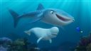 This image released by Disney shows the characters Destiny voiced by Kaitlin Olson, top, Bailey, a beluga whale voiced by Ty Burrell and Dory, voiced by Ellen DeGeneres, in a scene from "Finding Dory." (Pixar/Disney via AP)