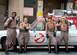 FILE - In this image released by Sony Pictures, from left, Leslie Jones, Melissa McCarthy, Kristen Wiig and Kate McKinnon from the film, "Ghostbusters," opening nationwide on July 15. (Hopper Stone/Columbia Pictures, Sony via AP)