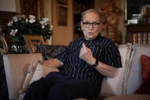 Three-time best sound-track Oscar winner Ennio Morricone answers questions during an interview with The Associated Press, in Rome, Tuesday, May 31, 2016. Oscar-winning composer is back on his feet after canceling a string of concerts because of a collapsed vertebrae that raised questions about the continued prodigious output of the 87-year-old legend. (AP Photo/Andrew Medichini)