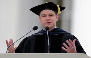 Actor Matt Damon gestures during his address at the Massachusetts Institute of Technology's commencement in Cambridge, Mass., Friday, June 3, 2016. Damon won an Academy Award for co-writing the 1997 film "Good Will Hunting", where he portrayed a mathematically gifted MIT janitor. (AP Photo/Charles Krupa)