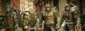 This image released by Paramount Pictures shows, from left, Donatello, Michelangelo, Leonardo and Raphael in a scene from "Teenage Mutant Ninja Turtles: Out of the Shadows." The movie opened to $35.3 million according to comScore estimates Sunday, June 5, 2016, close to half of what the first film opened to in 2014. (Lula Carvalho/Paramount Pictures via AP)