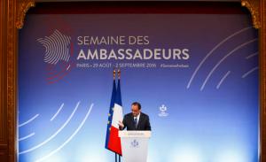 French President Francois Hollande gestures as he addresses French ambassadors, Tuesday Aug. 30, 2016 in Paris. (AP Photo/Francois Mori, Pool)