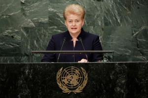 Lithuania's President Dalia Grybauskaite addresses the 71st session of the United Nations General Assembly, at U.N. headquarters, Thursday, Sept. 22, 2016. (AP Photo/Richard Drew)