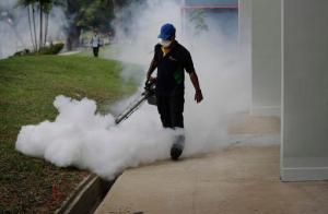A pest control worker fumigates drains at a local housing estate where the latest case of Zika infections were reported from on Thursday, Sept. 1, 2016 in Singapore. Scientists trying to predict the future path of Zika say that 2.6 billion people living in parts of Asia and Africa could be at risk of infection, based on a new analysis of travel, climate and mosquito patterns in those regions. (AP Photo/Wong Maye-E)