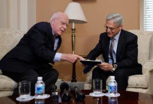 Sen. Patrick Leahy, D-Vt., ranking member on the Senate Judiciary Committee, left, meets with Supreme Court nominee Merrick Garland on Capitol Hill in Washington, Thursday, Sept. 8, 2016. (AP Photo/Manuel Balce Ceneta)
