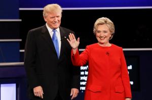 Republican presidential nominee Donald Trump and Democratic presidential nominee Hillary Clinton are introduced during the presidential debate at Hofstra University in Hempstead, N.Y., Monday, Sept. 26, 2016. (AP Photo/David Goldman)
