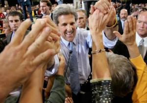 ADVANCE FOR MONDAY, SEPT. 5 AND THEREAFTER - FILE - In this Oct. 27, 2004 file photo, then-Democratic presidential candidate, Sen. John Kerry, D-Mass., shakes hands with the crowd moments after speaking at a campaign stop in Cedar Rapids, Iowa. Nine weeks out from Election Day, the electoral math favors Democrat Hillary Clinton. But both Clinton and GOP rival Donald Trump know there are countless ways the trajectory of this uncommonly volatile presidential campaign still could shift in unexpected ways.  (AP Photo/Steven Senne, File)