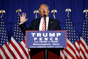Republican presidential candidate Donald Trump speaks during a campaign rally, Thursday, Sept. 1, 2016, in Wilmington, Ohio. (AP Photo/Evan Vucci)