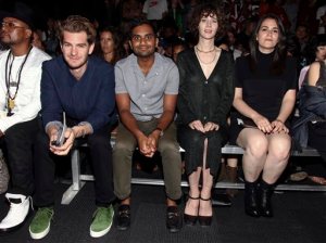 Andrew Garfield, from left, Aziz Ansari, Miranda July, and Abbi Jacobson attend the Opening Ceremony fashion show during NYFW Spring/Summer 2017 at the Javits Center on Sunday, Sept. 11, 2016, in New York. (Photo by Andy Kropa/Invision/AP)