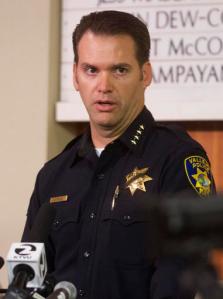 Vallejo police Chief Andrew Bidou discusses the Sunday, Oct. 16 shooting shooting of Andrew Powell, 41, during a media conference at Vallejo City Hall on Monday, Oct. 17, 2016. A gunman targeted two Northern California officers who were taking a break at a coffee shop in an ambush that was foiled when his gun malfunctioned, a police chief said Monday. The man, who was wearing body armor, fled when he could not get his weapon to fire, and the officers gave chase, shooting him three times, authorities said at a news conference. He is in critical but stable condition. (AP Photo/Chris Preovolos via the San Francisco Chronicle)