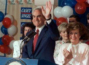 FILE – In this May 15, 1990, file photo, Pennsylvania Gov. Robert P. Casey waves as he celebrates winning the Democratic nomination for governor again during a primary night party in Scranton, Pa. A former judge's regret could lead to the early release of a drug kingpin whose case became well-known because of its connection to an organ transplant that saved Casey in 1993. (AP Photo, File)