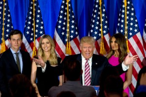 FILE - In this June 7, 2016 file photo, Republican presidential candidate Donald Trump, joined by his wife Melania, daughter Ivanka and son-in-law Jared Kushner, speaks during a news conference at the Trump National Golf Club Westchester in Briarcliff Manor, N.Y. Ushering Trump toward a more analytical approach is Jared Kushner, Trump’s son-in-law and adviser, and Brad Parscale, the campaign’s digital director and a veteran Trump Organization consultant. (AP Photo/Mary Altaffer, File)