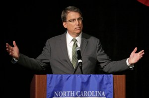 FILE - In this June 24, 2016 file photo, North Carolina Gov. Pat McCrory speaks during a candidate forum in Charlotte, N.C. Protesters who have filled the streets to push for the release of video of a fatal police shooting of Keith Lamont Scott could see their task get much harder if Charlotte authorities do not share the footage within a week. A North Carolina law that takes effect Oct. 1 will declare that the video is not a public record and that only a judge can release it. McCrory, who signed the law over the summer, said the debate over the recordings shows the need for the law, which he described as fair and reasonable. (AP Photo/Chuck Burton, File)