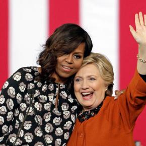 Trump hits ‘corrupt’ Hillary Clinton; Mrs. Obama hugs her