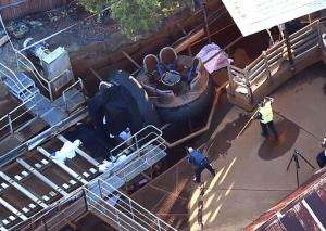 Queensland Emergency Services personnel are seen at the Thunder River Rapids ride at Dreamworld on the Gold Coast, Australia, Tuesday, Oct. 25, 2016. Four people died after a malfunction caused two people to be ejected from their raft, while two others were caught inside the ride at the popular theme park. (Dan Peled/AAP via AP)
