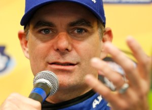 Jeff Gordon gestures during a NASCAR Sprint Cup Series news conference at the Martinsville Speedway in Martinsville, Va., Friday, Oct. 28, 2016. Gordon is the defending champion of last year's race Sprint Cup auto race at the track. (AP Photo/Steve Helber)