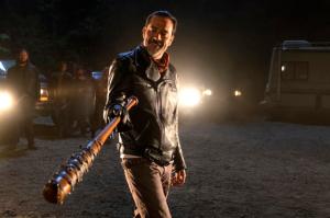 In this image released by AMC, Jeffrey Dean Morgan portrays Negan in a scene from the Season 7 premiere of "The Walking Dead." The gory episode of the popular AMC drama was seen by just over 17 million viewers on Sunday night, the Nielsen company said. (Gene Page/AMC via AP)