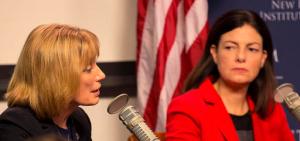 Candidates for U.S. Senate, Democrat Gov. Maggie Hassan, left and incumbent Republican Sen. Kelly Ayotte attend a forum with business leaders Tuesday, Oct. 25, 2016, in Manchester, N.H. (AP Photo/Jim Cole)