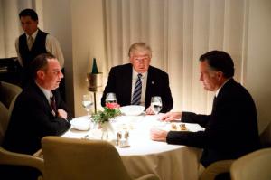 President-elect Donald Trump, center, eats dinner with Mitt Romney, right, and Trump Chief of Staff Reince Priebus at Jean-Georges restaurant, Tuesday, Nov. 29, 2016, in New York. (AP Photo/Evan Vucci)