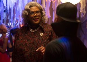 FILE - In this image released by Lionsgate, Tyler Perry portrays Madea in a scene from, "Tyler Perry's Boo! A Madea Halloween." Perrys latest Madea movie remained number one for the second straight week, topping the North American box office with an estimated $16.6 million. (Daniel McFadden/Lionsgate via AP, File)