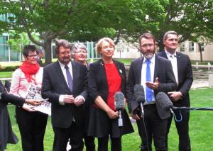 From left to right; gay rights advocate Felicity Marlowe, left, Sen. Derryn Hinch, rights advocate Shelley Argent, Sen. Janet Rice and advocates Ivan Hinton-Teoh and Rodney Croome address the media at Parliament House in Canberra, Australia, on Tuesday, Nov. 8, 2016. Gay rights advocates welcomed Australia's Senate voting down a government plan to hold a nonbinding public vote on recognizing gay marriage and called on Parliament to legislate for marriage equality soon. (AP Photo/Rod McGuirk)