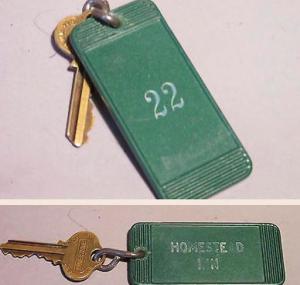 This undated photo combo provided by Bob Kretchko Antiques shows a key to the room at the Homestead Inn in New Milford, Conn., where Marilyn Monroe stayed in 1956 while dating playwright Arthur Miller. The key sold on Friday, Nov. 25, 2016, on eBay to a local woman. The antiques dealer purchased the inn's old keys two years ago when the property changed hands. (Loretta Kretchko via AP)