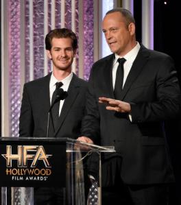 Andrew Garfield, left, and Vince Vaughn present an award at the 20th annual Hollywood Film Awards at the Beverly Hilton Hotel on Sunday, Nov. 6, 2016, in Beverly Hills, Calif. (Photo by Chris Pizzello/Invision/AP)