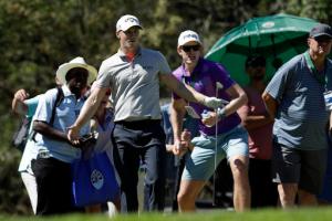 Alex Noren of Sweden reacts after putting a birdie on the 11th hole during the Nedbank Golf Challenge in Sun City, South Africa, Sunday, Nov. 13, 2016. (AP Photo/Themba Hadebe)