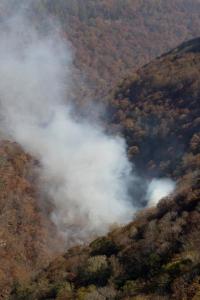 A wildfire burns in the North Chickamauga Creek Gorge along the Flipper Bend area of Signal Mountain, Tenn., on Wednesday, Nov. 9, 2016. Wildfires burning across the South have created a smoky haze over metro Atlanta and prompted a public health advisory in Kentucky, and the forests are expected to continue burning for days as flaming leaves fall to the ground and spread the flames. Other fires were burning in parts of Alabama, North Carolina and Tennessee. (Dan Henry/Chattanooga Times Free Press via AP)